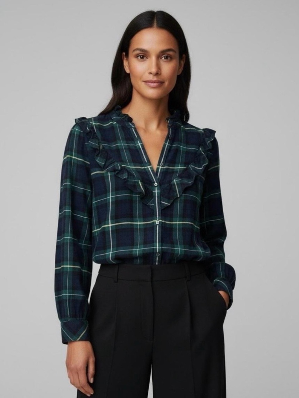 NWT Vineyard Vines Ruffle Trim Plaid Blouse - Navy Green
